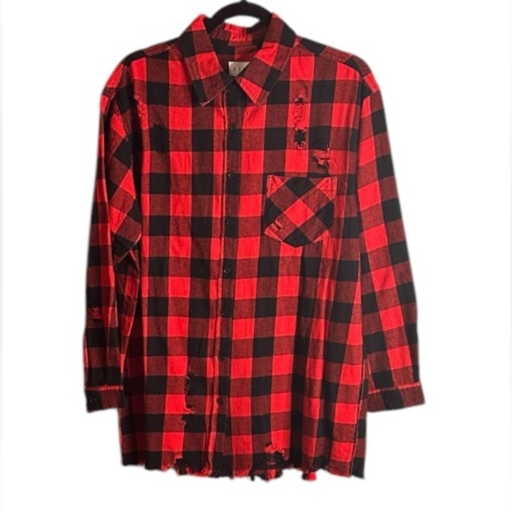 Red and Black  Distressed Plaid Button-Up Shirt - Picture 3 of 4